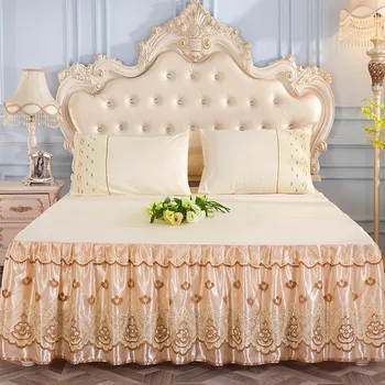 

1pc Bed skirt golden princess lace mattress cover pink blue Summer Korean style solid bed cover full queen king size bedding