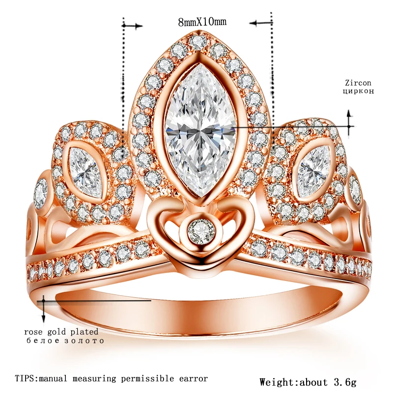 Tocean розовое золото Цвет обручальные кольца для Для женщин корона вырезать ААА Циркон Красивая Милая Обручение Femme Bijoux(украшения своими руками) Bague Размеры 5–12 W021