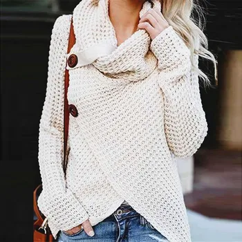 

Pullovers Knitted Women Sweaters Long Sleeve Autumn Female Knitting Warm Button Scarf Neck Irregular Sweater Plus Size Top