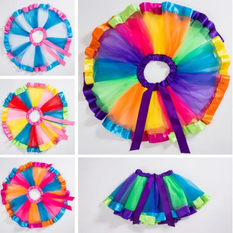 

1PC Baby Girl Tutu Skirt Satin Bow Ribbon Elastic Tulle Skirts Rainbow Baby Birthday Princess Party Wear Photograph Prop 0-8T