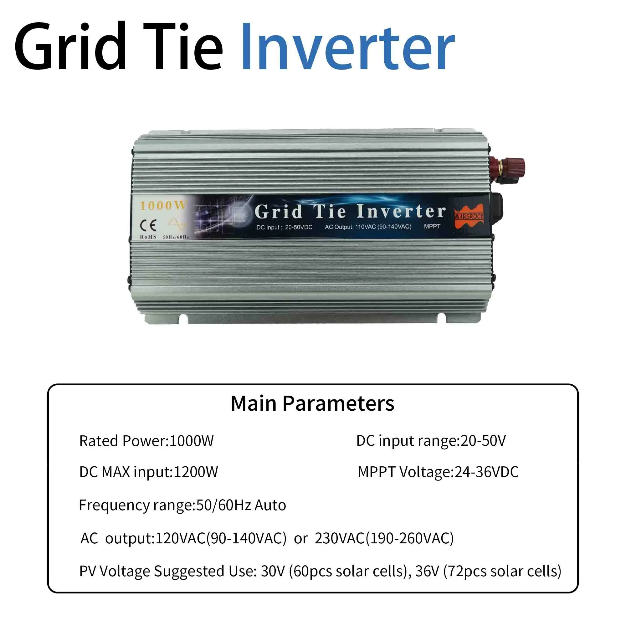 1000W 20-50VDC сетевой инвертор, 90-140VAC чистая синусоида инвертор для 24 V, 30 V, 36V PV модуль и ветряная турбина - Цвет: Silver