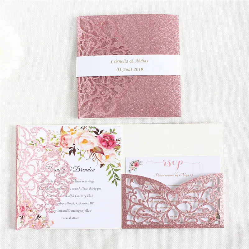 

Luxury invitations wedding cards with belly band envelop rose hermosa glittery paper personalized printing 50 sets