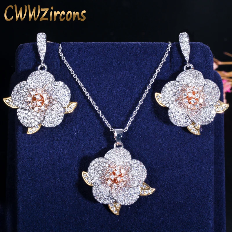 CWWZircons 3 тон серебро розовое золото полный микро проложить кубический цирконий дамы цветок кулон ожерелье и серьги Ювелирные наборы T063