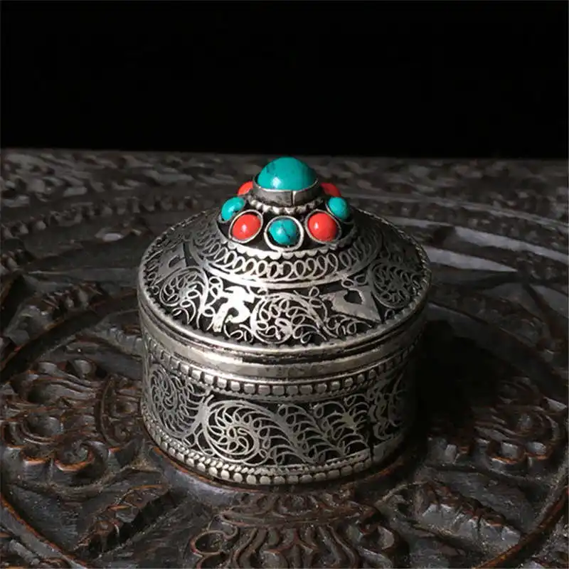 TJB914 Tibetan Silver Mantras Jewelry Box Copper Vintage Lovely Stroage