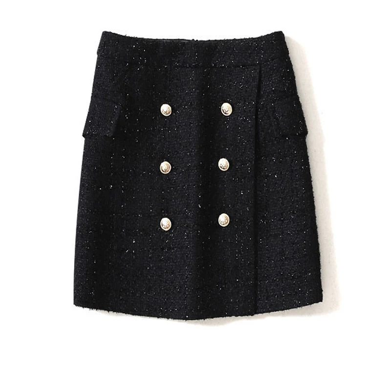 

Black tweed skirt bright silk tweed 2019 spring / autumn women's skirt double-breasted high waist hip skirt