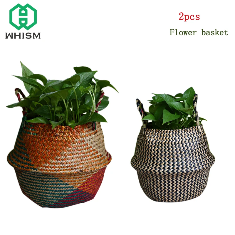 WHISM 2PCS Handmade Foldable Flower Pot with Handle Seagrass Flowerpot