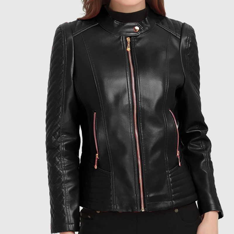 

Black brown red burgundy plus size button O neck zip up leather look biker jackets for women cool oversize faux leather PU coats