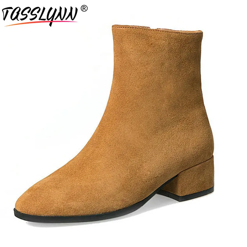 

TASSLYNN 2018 Autumn Women Boots Cow Suede Woman Shoes Square Med Heels Zip Fashion Boots Square Toe Ankle Boots Shoe Size 34-43