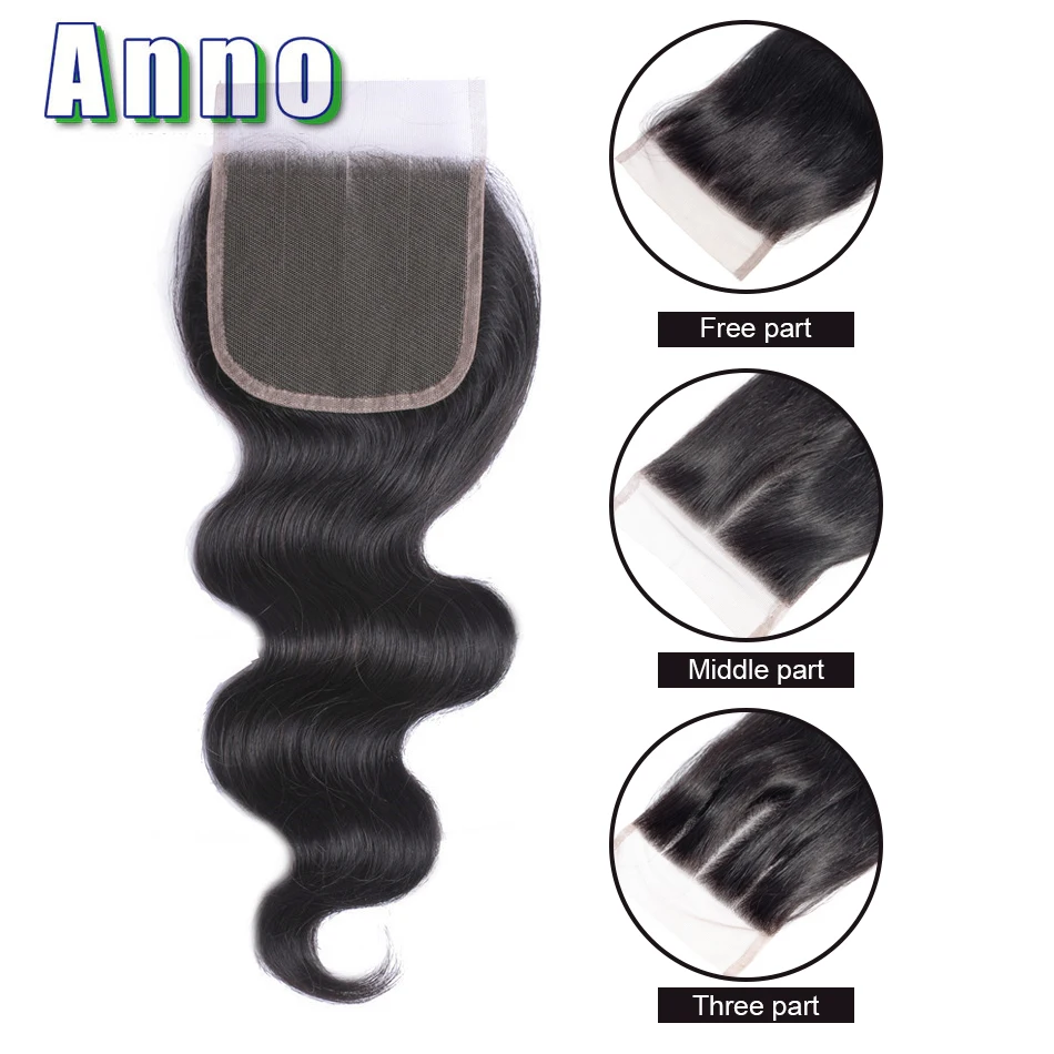 Annowig Human Hair Peruvian Body Wave 3 Bundles With Closure 4*4 Lace Closure With Bundles Natural Color Human Hair Extensions