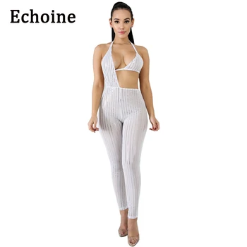 

Echoine Sexy Open Up Mesh Sequin Jumpsuit Bandage Hollow Out Playsuits Skinny Spaghetti Straps Rompers Womens Jumpsuit