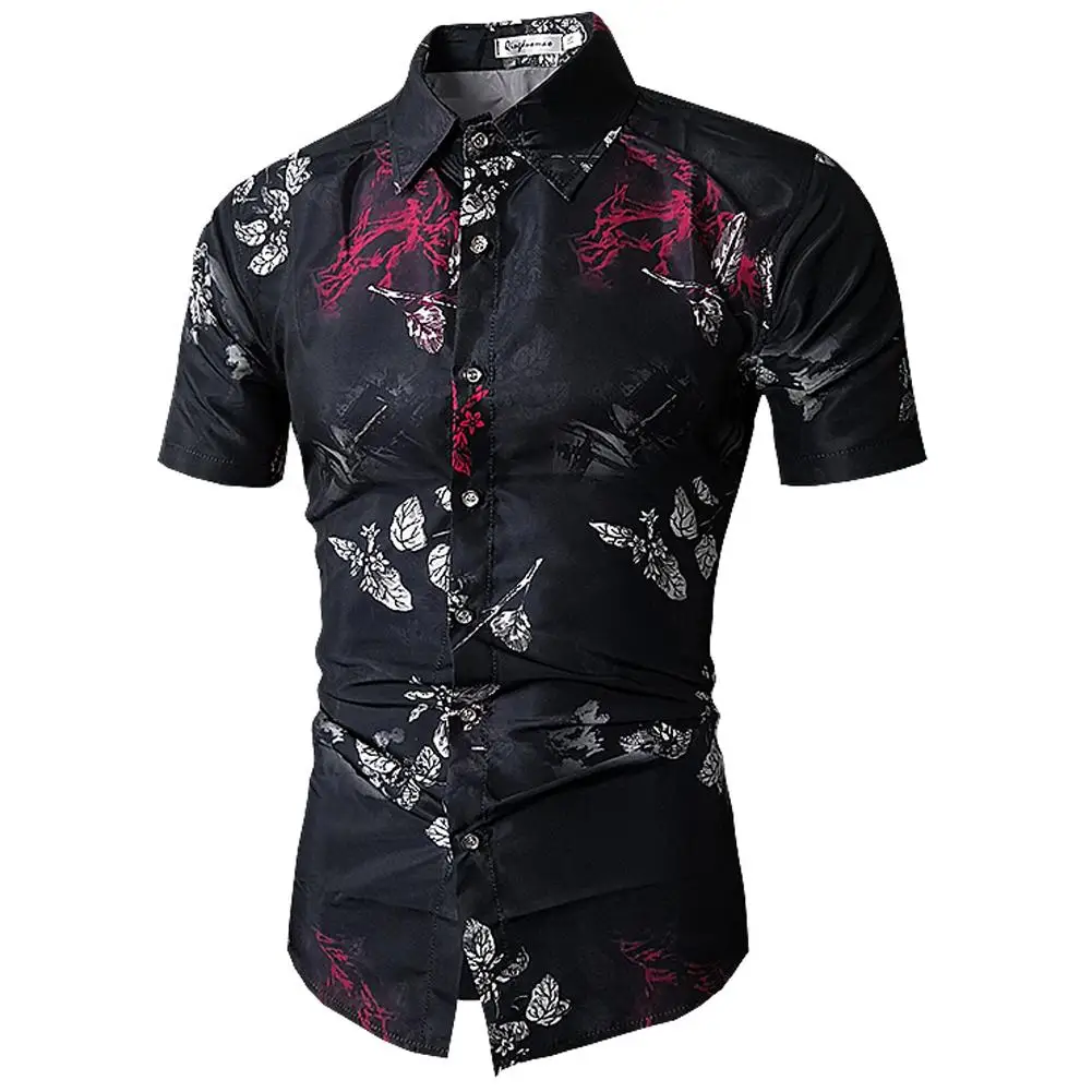 

Short-sleeved Floral Shirt Dress Casual Flower Blouse Men Hawaiian shirt Fashion Black New
