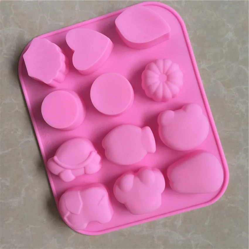 

12 Holes Silicone Cake Mold Bear Rabbit Tortoise Elephant Shell Flower Heart Shape Baking Tools Cookie Fondant Soap Mould GJD109