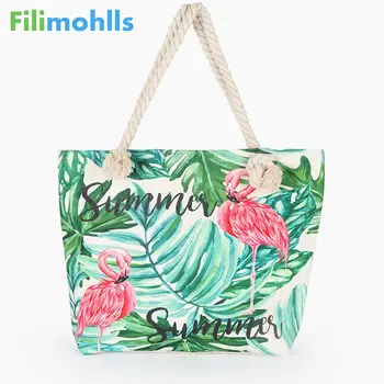 

Hot Sale Flamingo Printed Casual Bag Women Canvas Beach Bags High Quality Female Single Shoulder Handbags Ladies Tote S1732