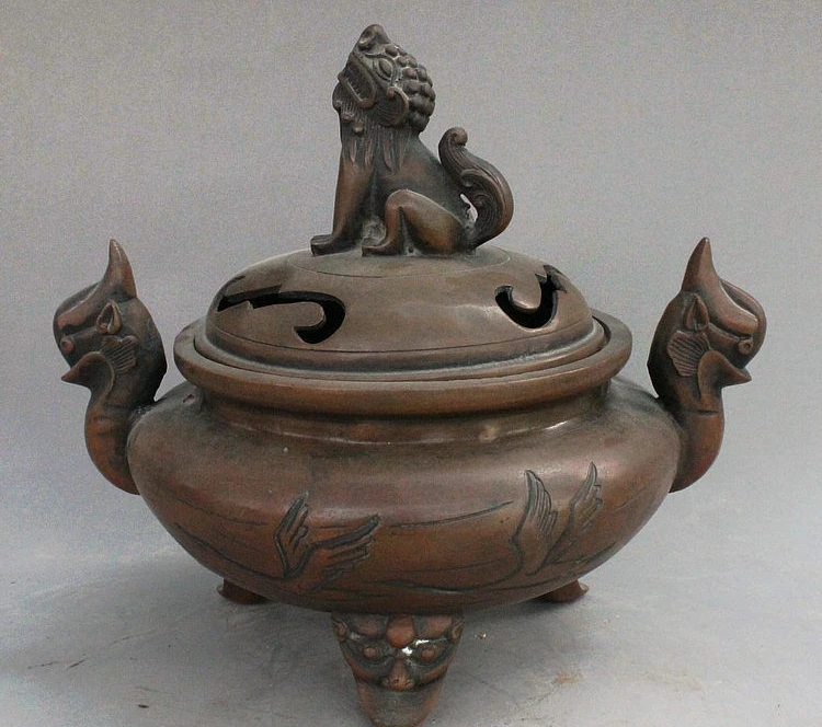 

8" Old China Buddhism Bronze Lion Beast Unicorn Crane Incense Burner Censer
