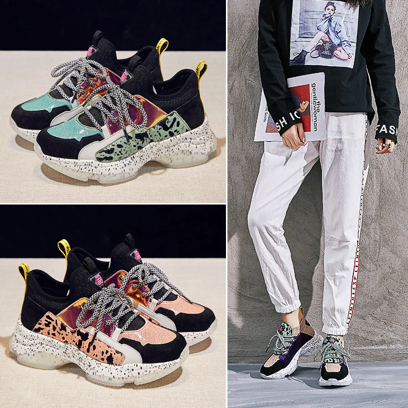 

Tide shoes female leather 2019 spring new horse hair wild shoes color matching knit casual platform shoes.