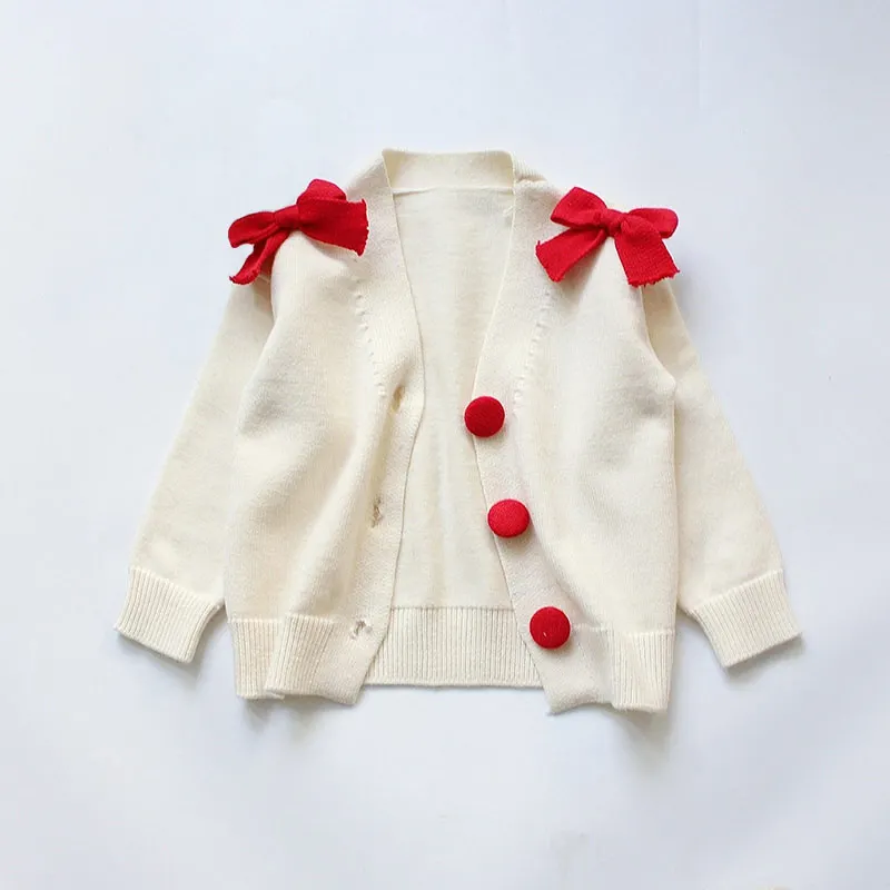 Bowknot Baby Girl Sweater Solid Color Sweet Princess Cardigan Button Closure Infant Kids Cotton Knitted Long-Sleeved V-Neck Coat
