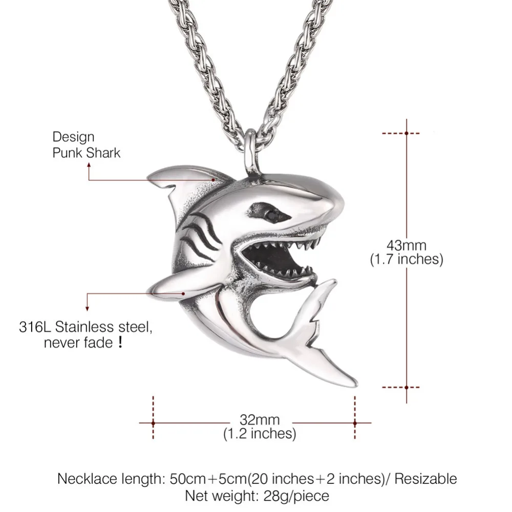 U7 нержавеющая сталь Большая подвеска в форме акулы ожерелье для мужчин ювелирные изделия Рок Панк золото/черный цвет море ожерелья в виде животных P1116