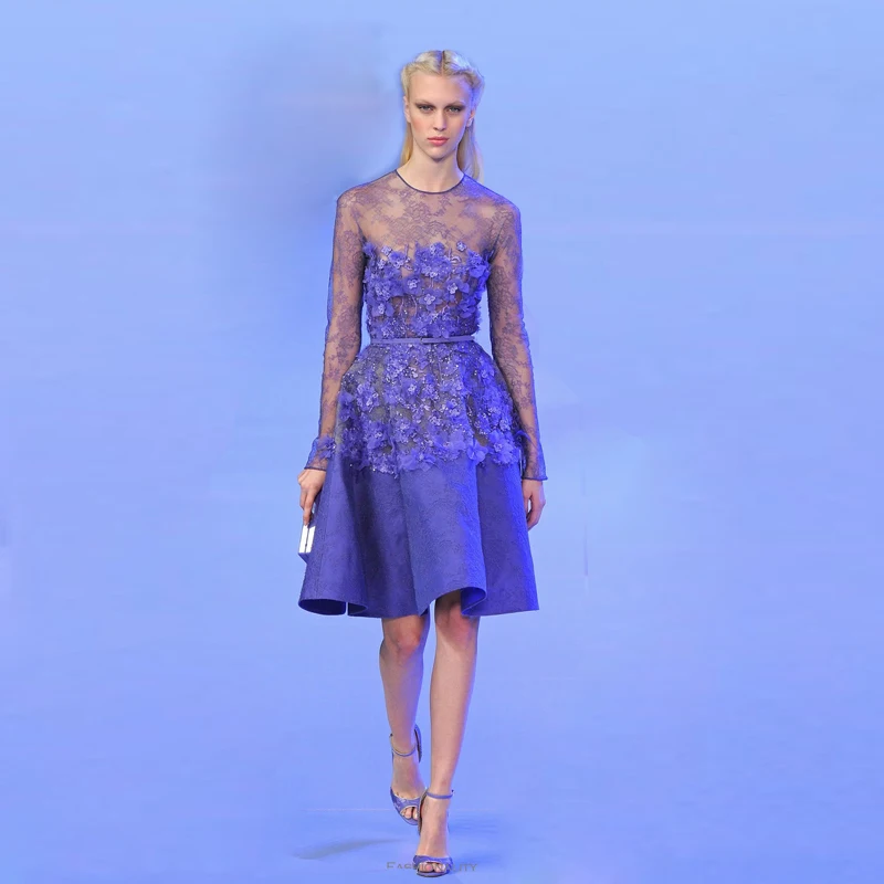 Royal Blue Long Sleeves Lace Appliques Flowers Zuhair Murad Evening Dresses Short Dress Party