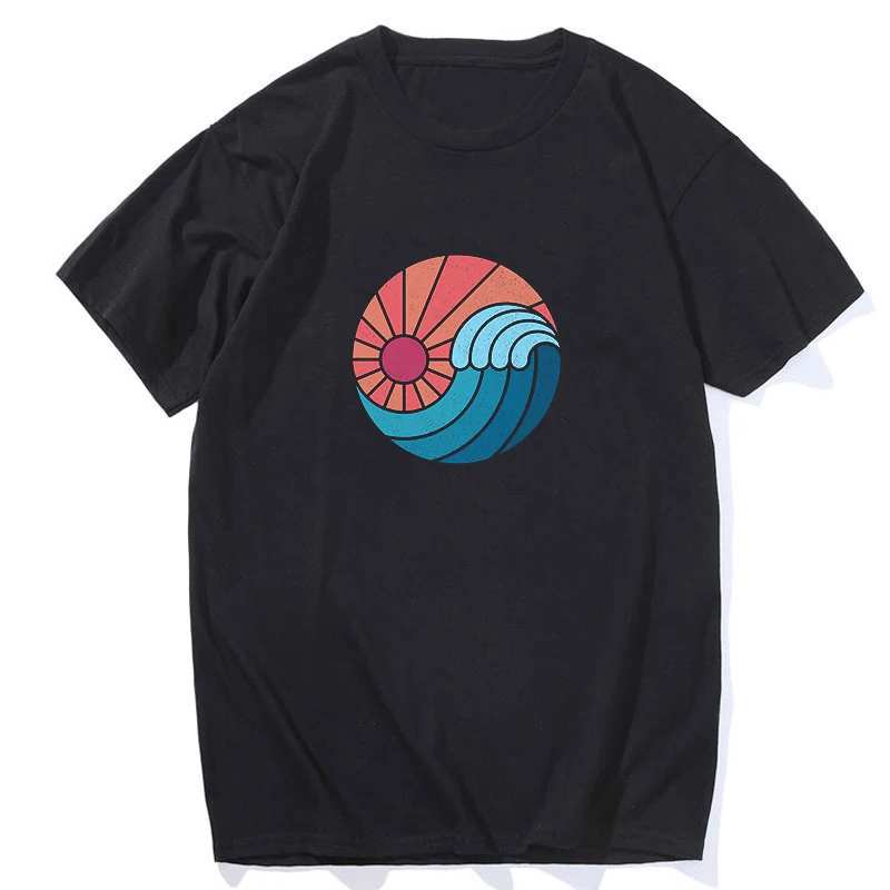 Sun Sea Wave Ainme эстетический мужской черный рисунок в японском стиле футболка