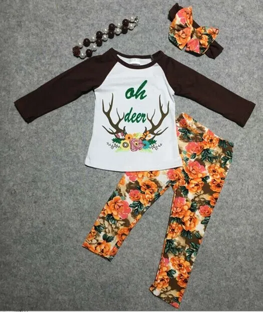 Christmas fall winter baby girls kids wear oh deer milk silk outfits long sleeve floral print