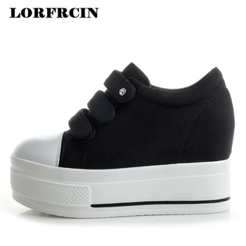 

High Quality Canvas Shoes Woman Height Increasing 8.5Cm Platform Sneakers For Women Hidden Heel Wedges White Black Casual Shoes