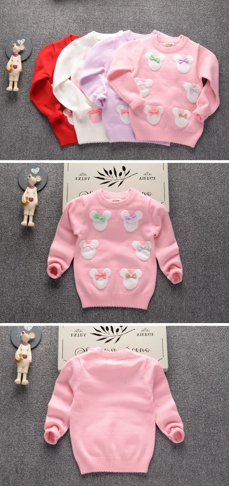 Новые свитера для девочек на осень и зиму пуловер с мышкой, детское теплое хлопковое пальто Весенняя детская одежда вязаный свитер с бантом для малышей