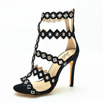 

SHOOFOO shoes,New fashion women's shoes, black fabric, rivet decoration, 11 cm high heel sandals, women's sandals. SIZE:34-45