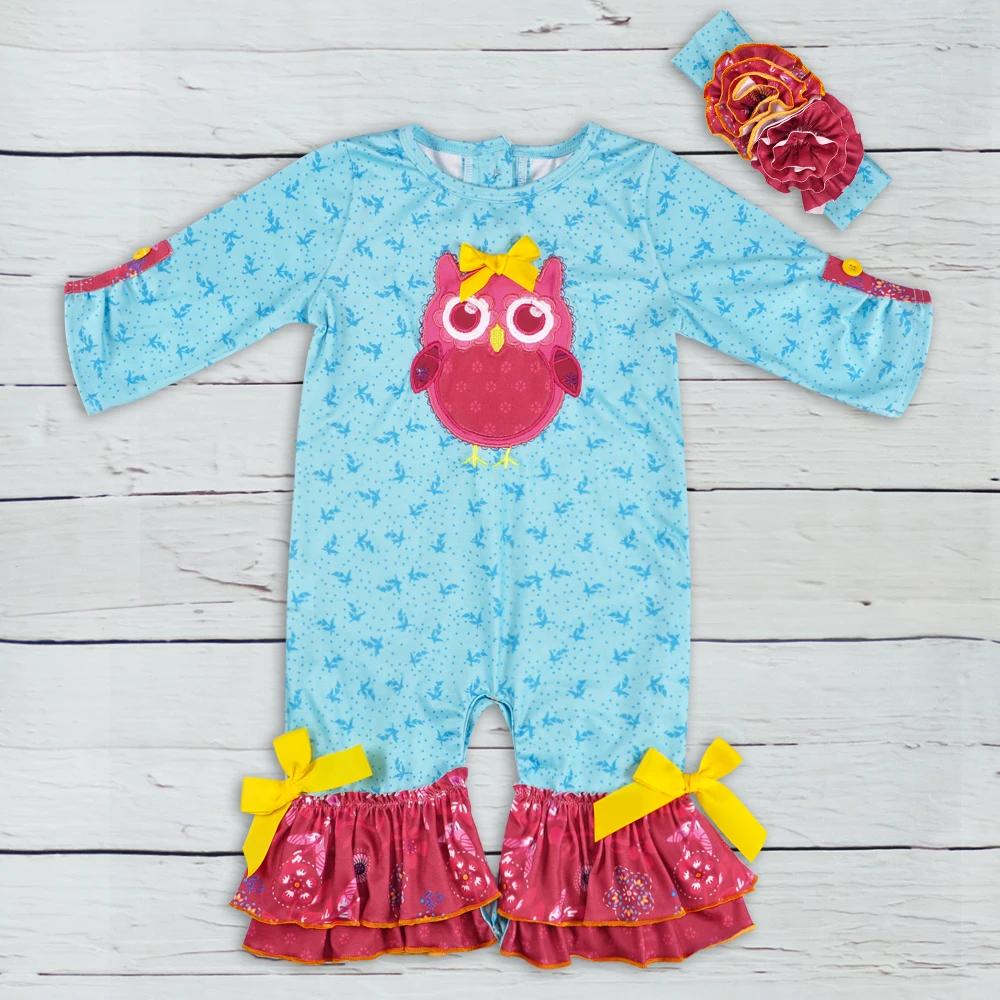 Baby-Winter-Romper-Blue-Cotton-Print-Owl-Embroidery-Rompers-Girl-Jumpsuit-Clothes-With-Headband-GPF807