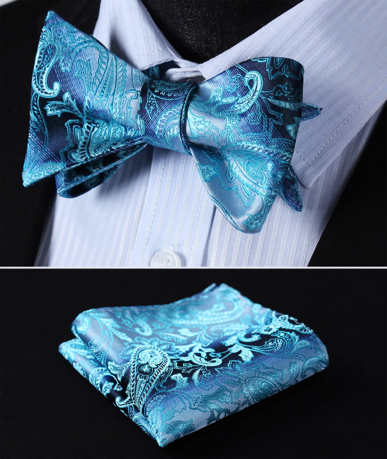 

BP802QS Aqua Blue Paisley Bowtie Men Silk Self Bow Tie handkerchief set