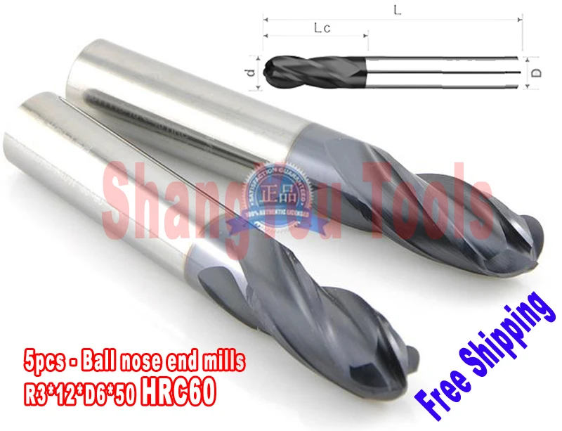 

Free shipping--5pcs 6mm HRC60 R3*12*D6*50 Four Flutes Carbide Ball nose end mills Spiral Bit Milling Tools CNC Router bits