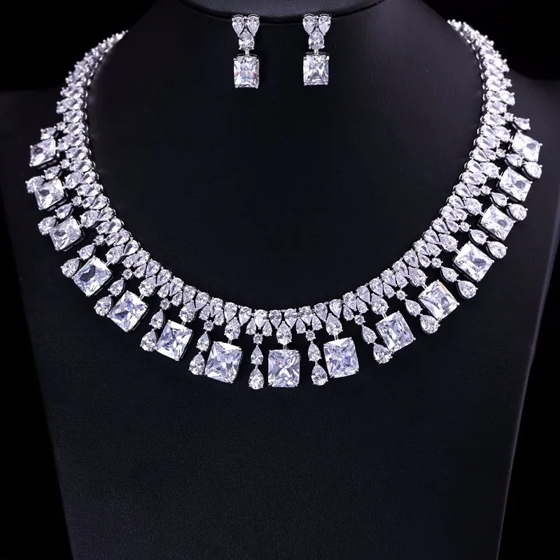 4 Color Select Luxury better Cubic Zircon Clear Necklace Earrings Set Heavy Dinner Jewelry Set Wedding Bridal Dress Accessories