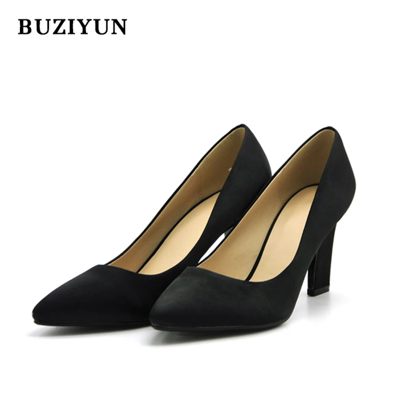 

BUZIYUN New 2018 Spring Womens Pointed Toe Pumps Square 5cm High Heels Pumps Suede Ladies Wedding Dress Shoes Size 36-39