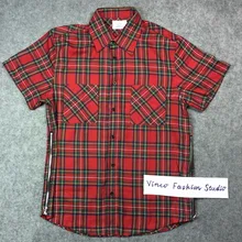 2016 hi street Fear of God FOG red tartan plaid with side zipper spring summer kanye west casual short sleeve cotton shirts