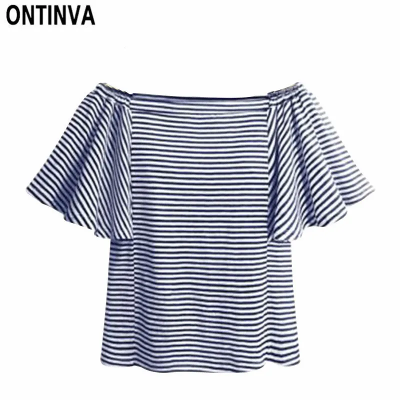 

Girls Off Shoulder Top Sexy Navy Blue Green Striped Tshirts Womens Summer Casual Cute Tees XXL 4XL Plus Size Women Clothing