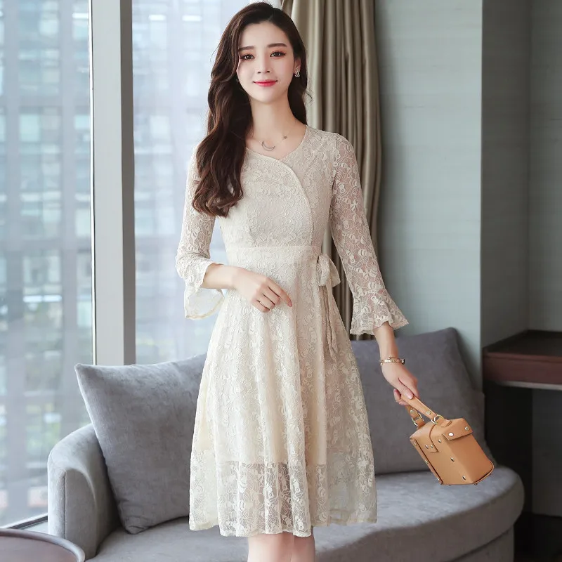 

Lace Flare Sleeve High Street Spring Women Elegant High Waist A-Line Casual New 2019 Fashion Dress Bow Vestidos Office Beach