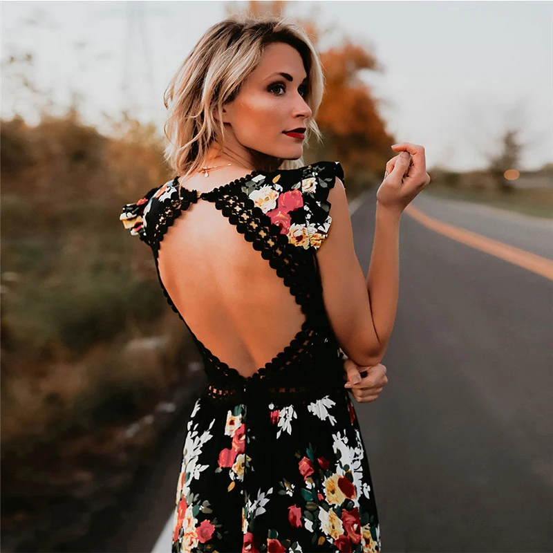 

Women Boho Backless Irregular Floral Pinted Dress Nice Vogue Deep V Trim Long Maxi Dresses Open Back Party Bohemian Vestidos