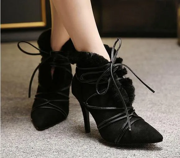 Winter brown black women warm ankle boots pointed toe fur inside lace-up high heel short boots strappy shoes for women on sales