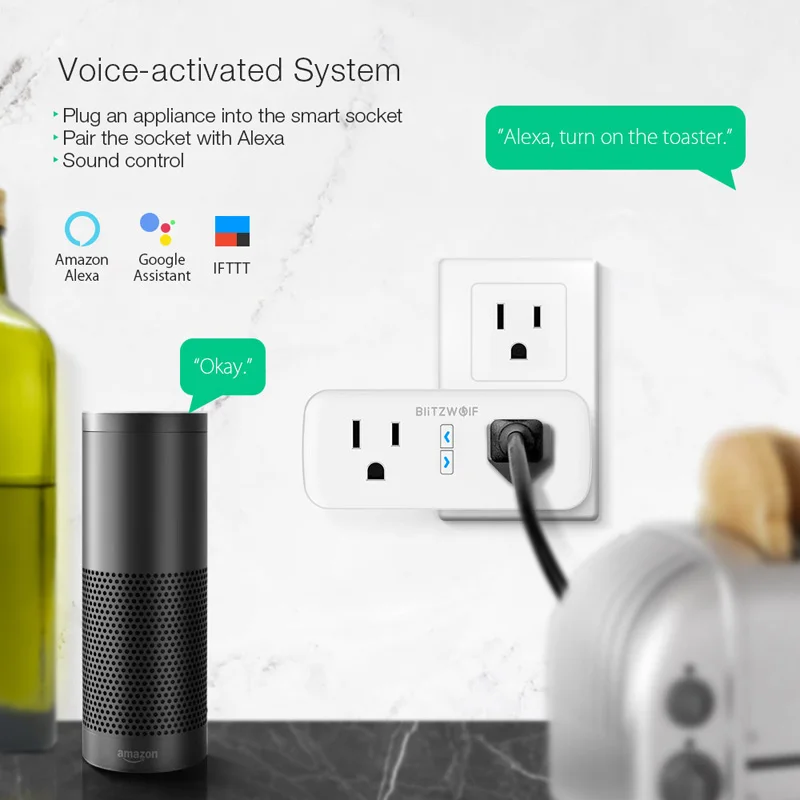 BlitzWolf BW SHP3 двойной выход wifi умная розетка США вилка 110 240 В 10A работа с Amazon Alexa Google