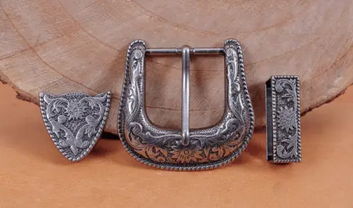 

HEAVY DUTY COWBOY WESTERN FLORAL ENGRAVED ANTIQUE SILVER BELT BUCKLE SET 1-1/2"