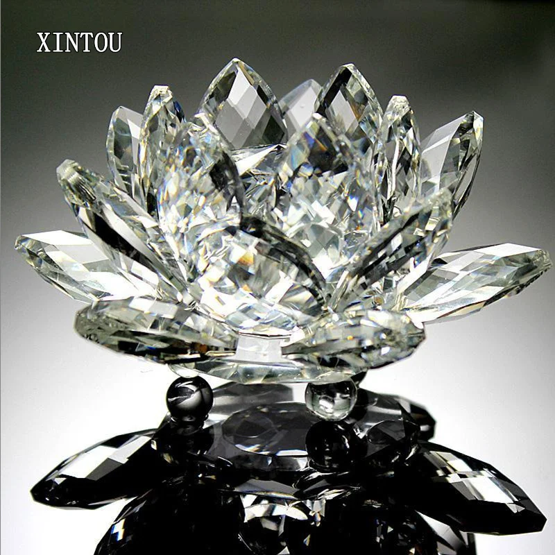 

XINTOU 8 cm/ 9 cm/10 cm White Sparkle Crystal Lotus Flower Figurine Handmade Feng Shui Home Decor Ornaments with Gift Box