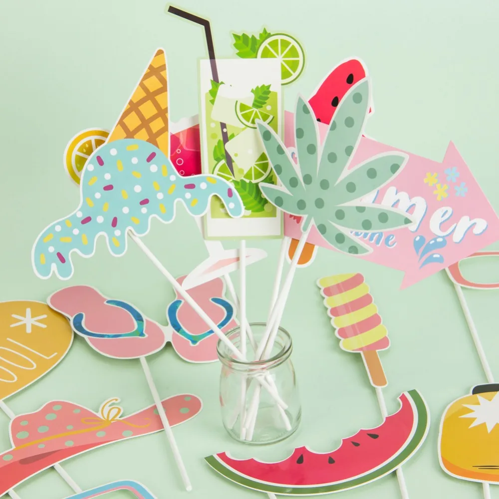 

14pcs Summer Party Decor Photo Booth Props Decor Beach Pool Luau Tropical Jungle Leaves Lemon Swimming Party Cool Photo Supplies