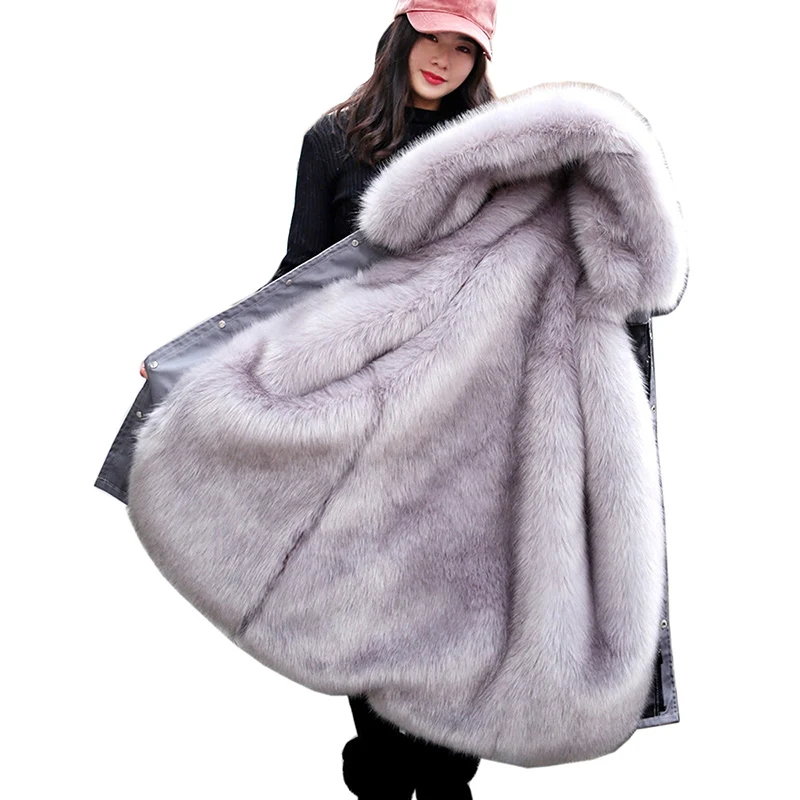 

Winter Luxury Faux Fox Fur Coat 2018 Women Winter Hooded Fake Fur Coats Plus Size Vintage Artificial Faux Fox Fur Coat Outerwear