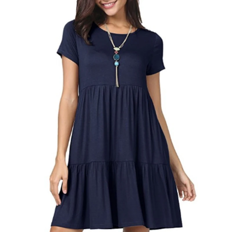 

Newly Women Dress Solid Color Short Sleeve Loose Ruffle Hem Dress for Summer m99