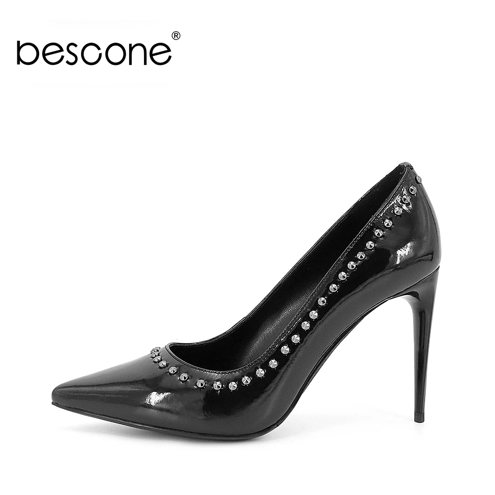 

BESCONE Luxury Patent Leather Shoes Sexy Thin Heel Pointed Toe Women Pumps Genuine Leather Autumn Fashion Wedding Lady Pumps A70