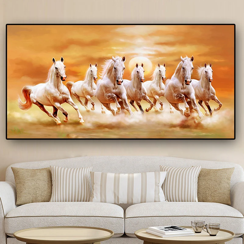 24 Karat7 Horse Painting With Frame For Vastu Big Size White Horse Running Painting 12x24 Inch Modern Art Blue Theme Animals For Office Home Decorative Gift Item Black Synthetic Wood Frame 