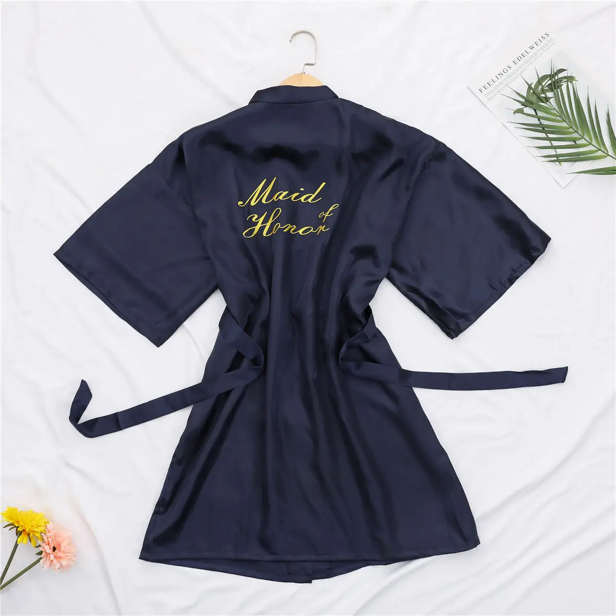 Grey/Navy Blue Wedding Embroided Bride Bridesmaid Robe Satin Rayon Bathrobe Nightgown For Women Kimono Maid of Honor robe