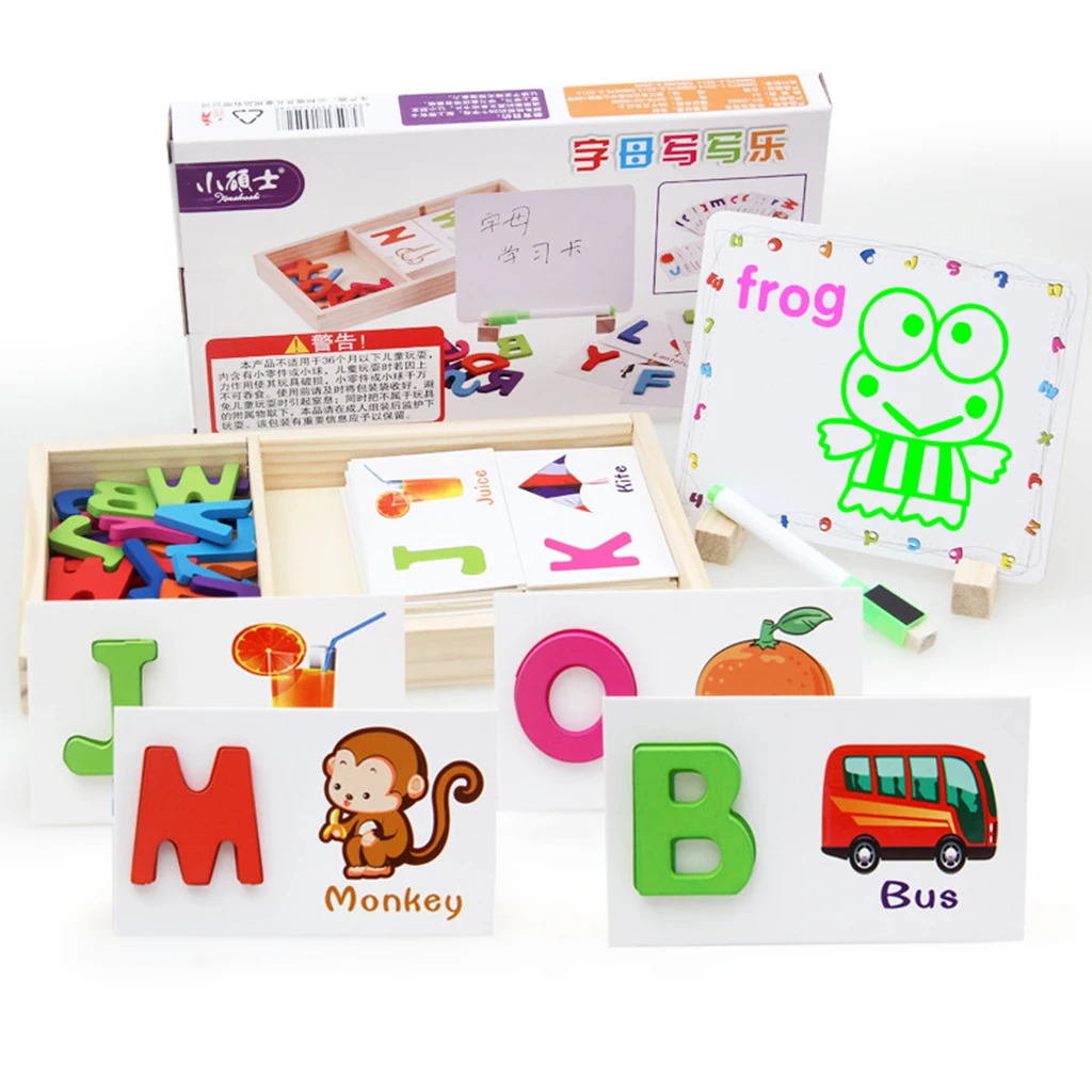 Wooden Alphabet Letters Matching Puzzle ABCs Flash Cards with Writing Board and Storage Box for Kids Preschool Learning
