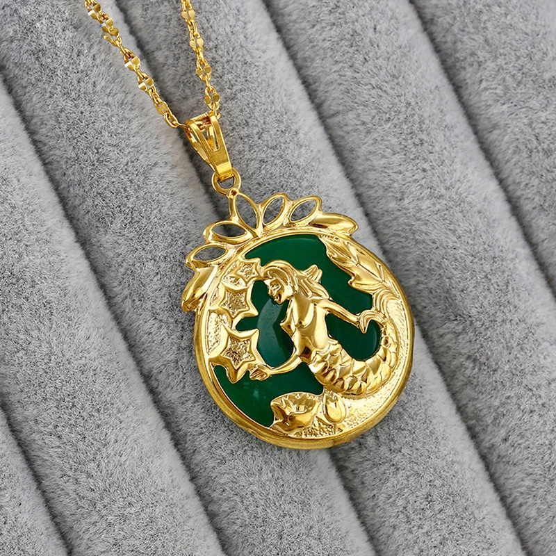 New Fashion Tibet Golden Malay Greenstone Pendant Mermaid Green