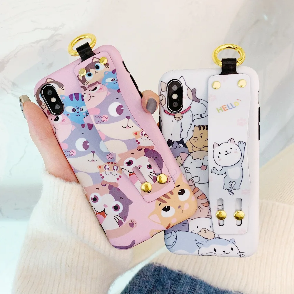 ORYKSZ Cartoon Cat Hand Strap Phone Case For iPhone 7 8 Plus Silicone Soft Cases XR XS Max 6 6S Back Cover |