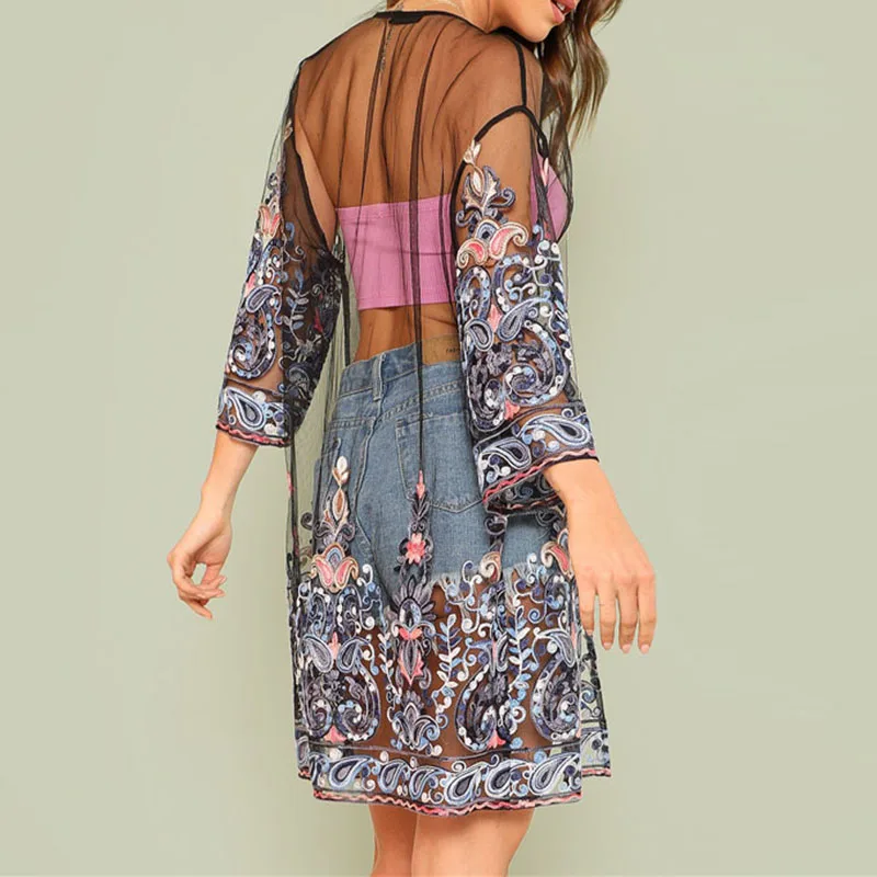 

Women Loose 3/4 Sleeve Mesh Tops Embroidered Floral See Through Blouse Beach Kimono Cardigan Summer Women Holiday Blouses Shirt